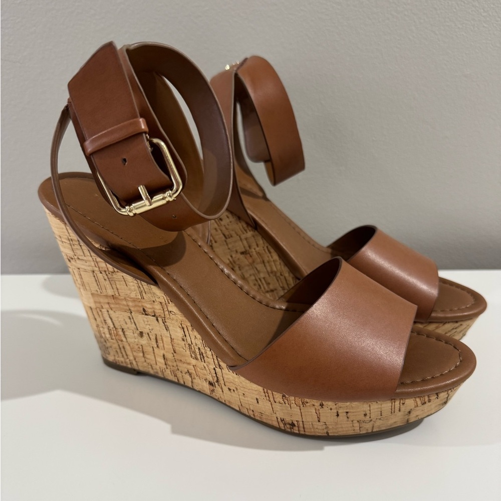 Brown Tommy Hilfiger Cork Wedged Heel Sandals with Ankle Straps- Size 8